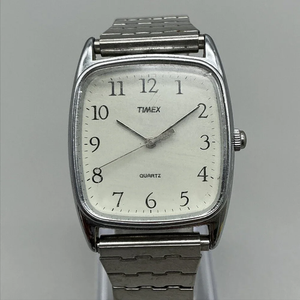 Vintage Timex La Cell Mens Watch 28mm Silver Tone Tank Stretch Band New Battery